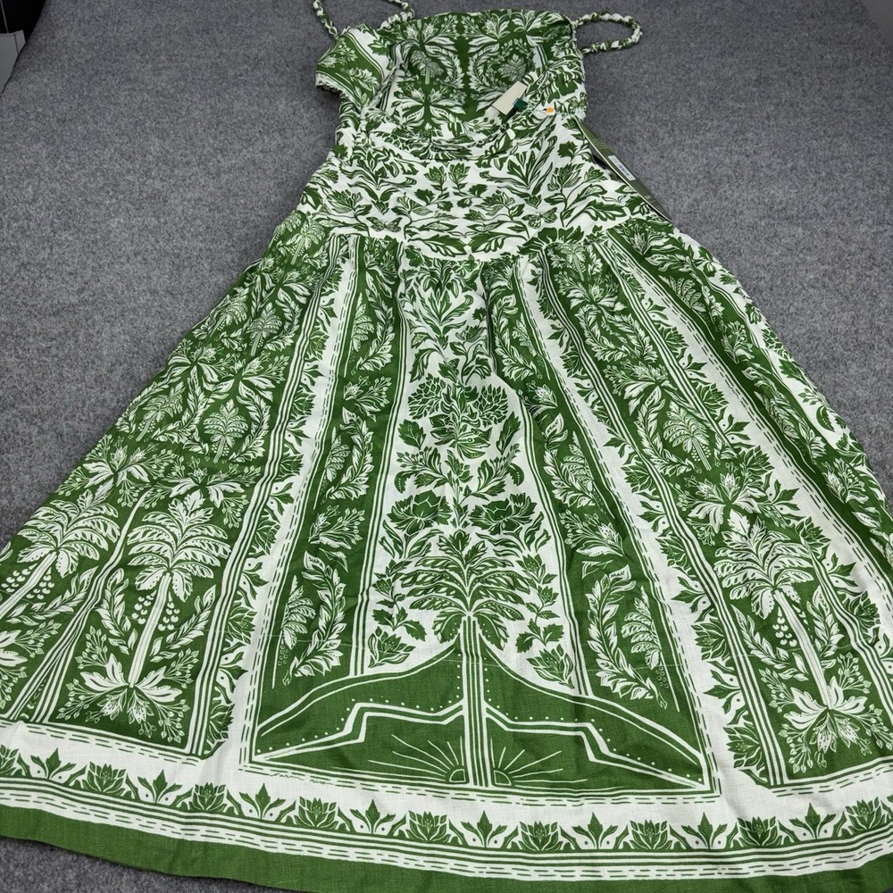 Farm Rio Midi Dress Womens Large Green Delicate Tapestry 100% Linen Strappy NWT - Picture 9 of 10